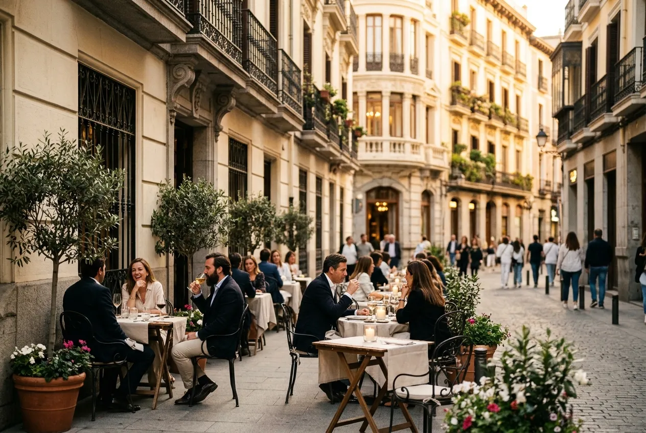 Calle elegante de Madrid al atardecer con terraza de restaurante y arquitectura clásica de balcones