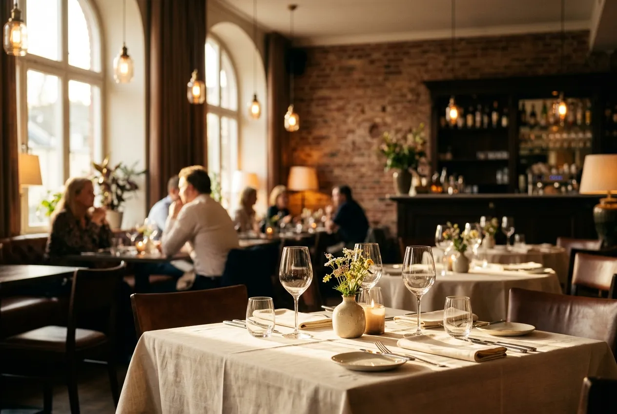 Interior cálido de un restaurante elegante con mesas preparadas y luz dorada