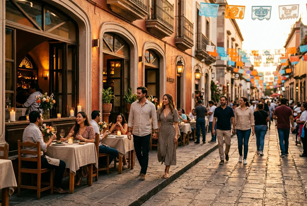 Calle cálida de Ciudad de México al atardecer con restaurantes y terrazas llenas de vida